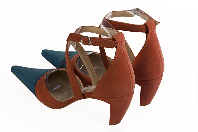 Peacock blue and terracotta orange women's open side shoes, with crossed straps. Pointed toe. Medium comma heels. Rear view - Florence KOOIJMAN